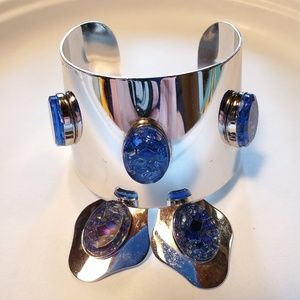 Vintage silver cuff bracelet and clip on earrings